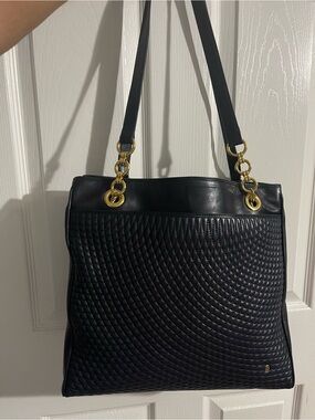 Quilted Black Leather Shoulder Tote with Gold Hardware